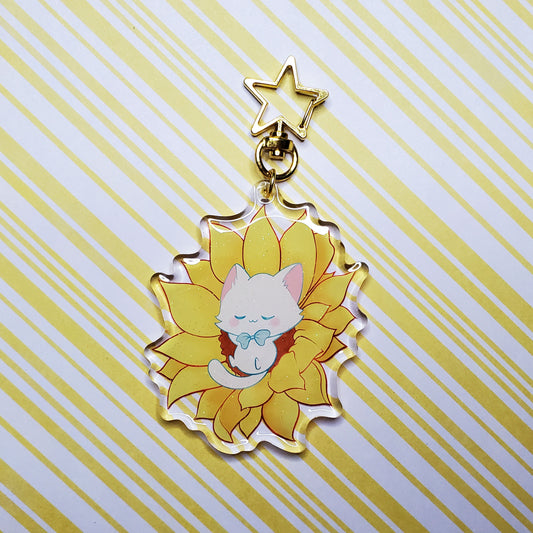 White Sunflower Cat Keychain