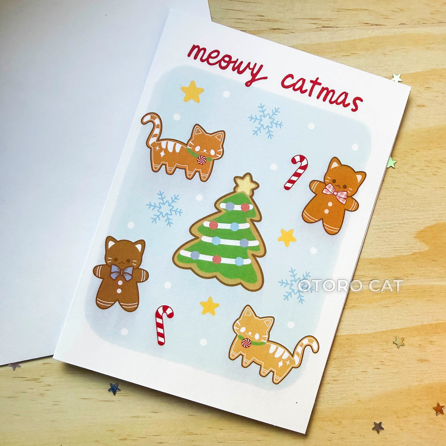 Meowy Christmas Cat Card – Cute Christmas Cat Greeting Card | Kawaii Holiday Card for Cat Lovers, Friends & Family