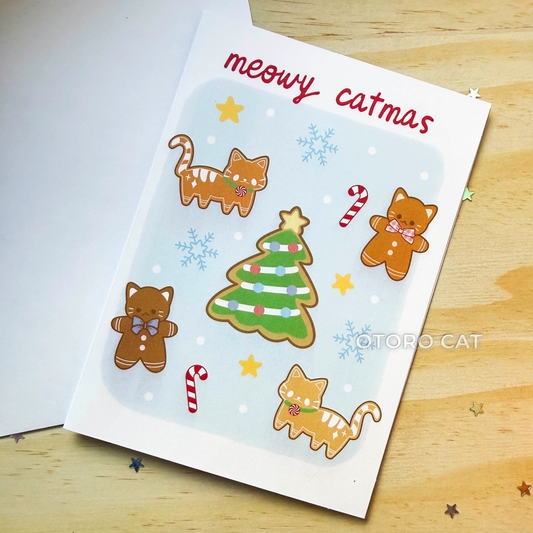 Meowy Christmas Cat Card – Cute Christmas Cat Greeting Card | Kawaii Holiday Card for Cat Lovers, Friends & Family