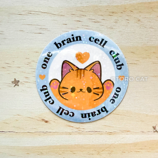 Holograic Star One Brain Cell Club Orange Cat Sticker – Funny Ginger Cat Meme Vinyl Sticker | Cute Kawaii Cat Aesthetic for Journaling, Scrapbooking & Laptop Decor