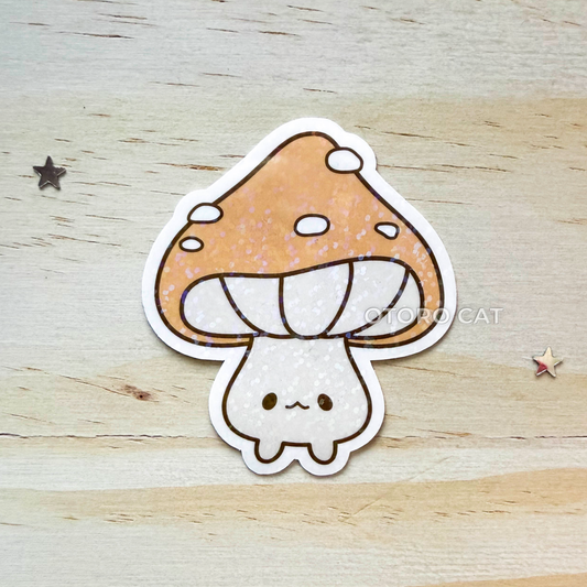 Holographic Dot Quirky Orange Mushroom Sticker – Cute Kawaii Fungi Vinyl Sticker | Whimsical Cottagecore Aesthetic for Journaling, Scrapbooking & Laptop Decor
