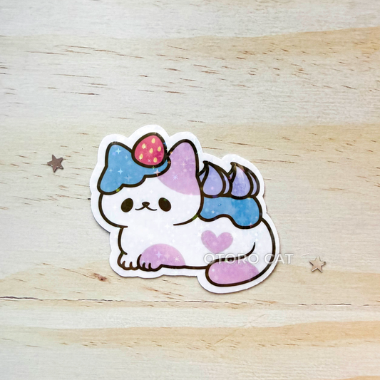 Holographic Star Cute Cat Cake Strawberry Sticker – Kawaii Cat Dessert Vinyl Sticker | Sweet Aesthetic Icing Cat for Journaling, Scrapbooking & Planner Decorc
