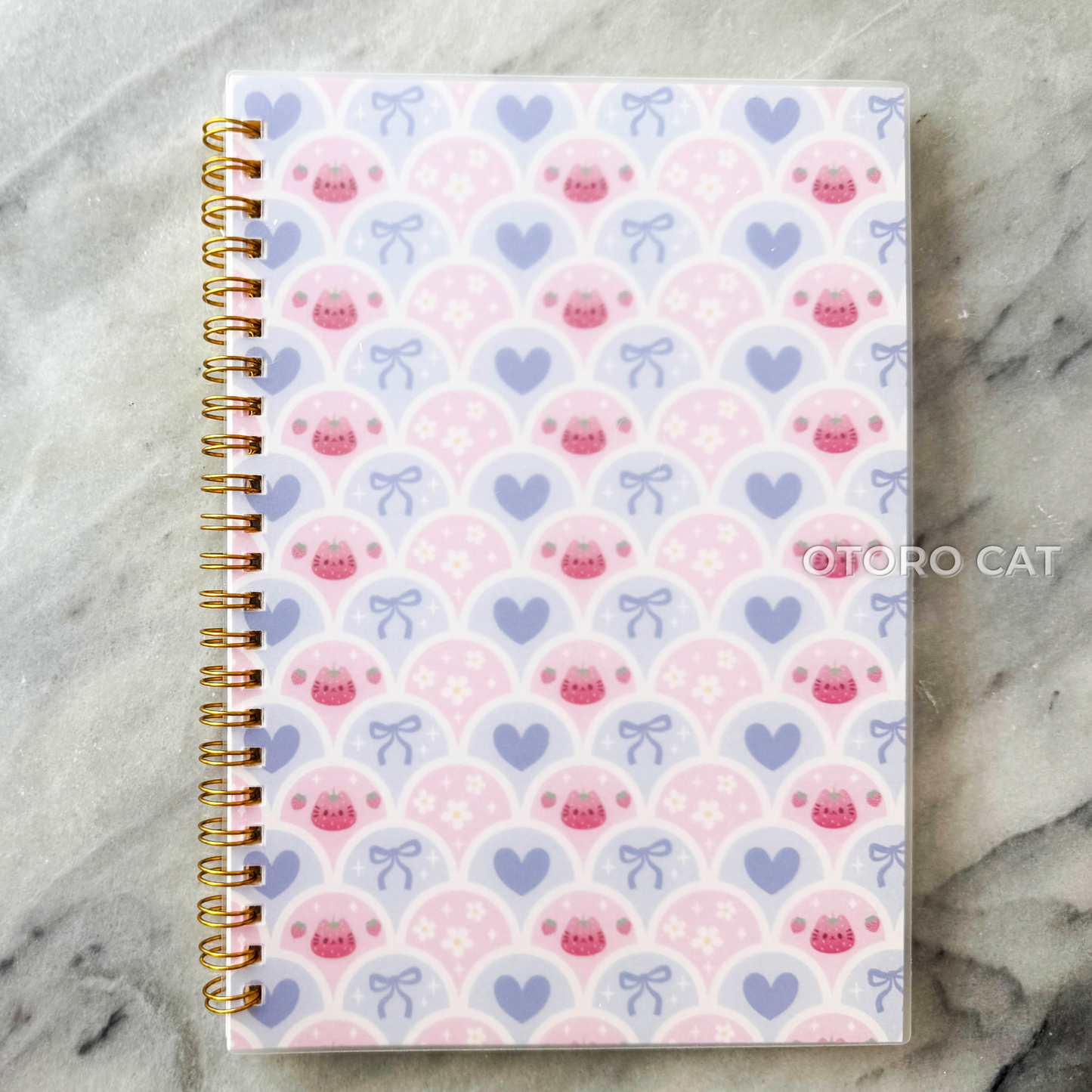 Cute Strawberry Cat Reusable Sticker Book – A5 Kawaii Bow Aesthetic Sticker Storage Album | 50 Double-Sided Release Paper Pages with Metal Spiral Binding