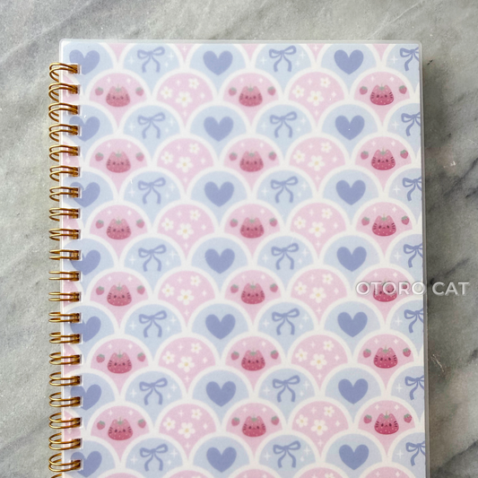 Cute Strawberry Cat Reusable Sticker Book – A5 Kawaii Bow Aesthetic Sticker Storage Album | 50 Double-Sided Release Paper Pages with Metal Spiral Binding