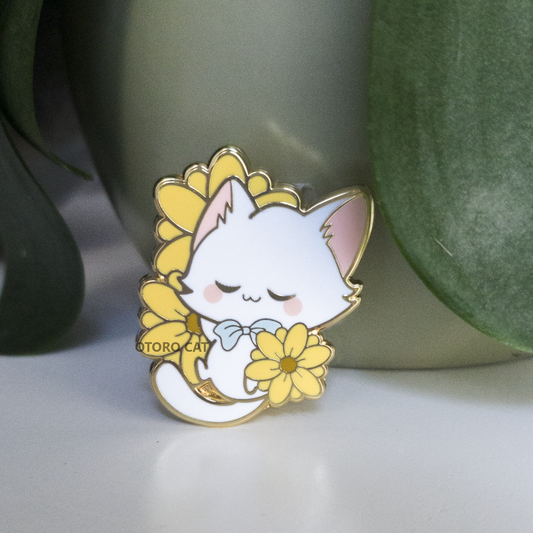 cute white cat, sleeping on sunflower, hard enamel pin, high-quality, durable, pin collection, cat lovers, nature enthusiasts, backpack, denim jacket, hat