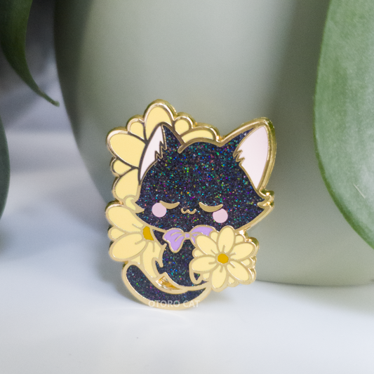 Glitter Black Floral Sunflower Cat Enamel Pin